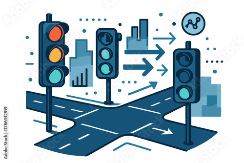 Smart Traffic Control. Smart Traffic Lights. An intersection with glowing traffic signals adjusting in real