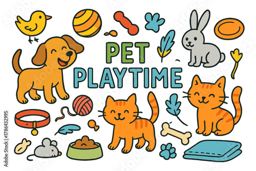 Pet Playtime Doodles. pet playtime. Colorful Hand-drawn doodle Children illustration pet playtime dog, cat, ball, chew toy, yarn, mouse toy, frisbee, bone,