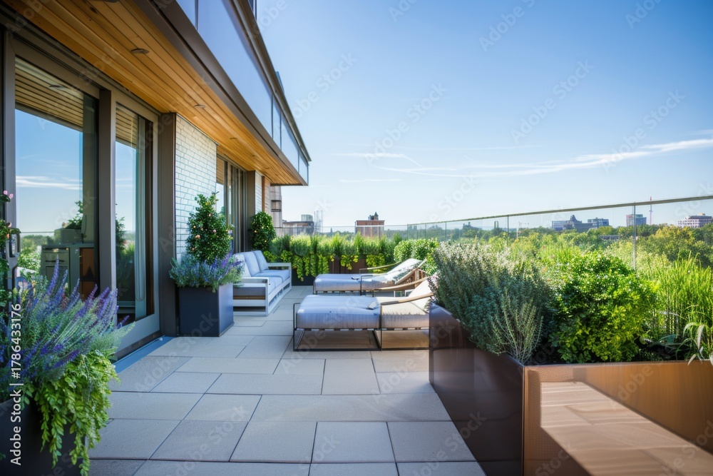 Obraz premium Modern balcony with plants and lounge chairs