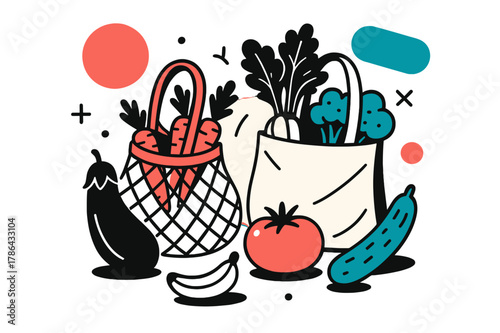Eco-Friendly Grocery Artistry. Eco-Friendly Shopping Hauls. Grocery haul of fresh fruits and vegetables in reusable bags with floating abstract geometric