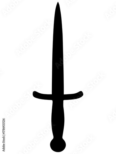 Minimalist black silhouette of a straight dagger or short sword with crossguard and rounded pommel —ideal for fantasy icons, heraldry, tattoos, and logo design.