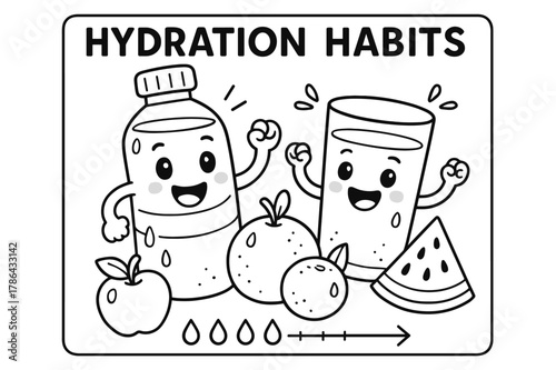 Cheerful Hydration Celebration. Hydration habits children?s coloring book illustration, outlined drawing, a happy water bottle and glass cheering beside fruits