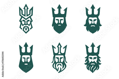Divine Emblem Variations. Ancient gods and goddesses in a mystical landscape. Set Logo of Ancient gods and goddesses in a mystical landscape: Poseidon trident.
