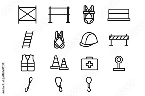 Scaffolding Safety Icons. Scaffolding and Safety. Line icon set of Scaffolding and Safety: scaffold frame, guardrail, toe board, access ladder, safety harness,