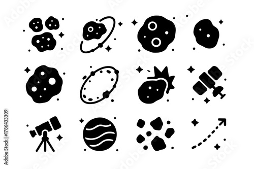 Asteroid Icon Collection. Asteroids and space rocks. Solid icons set of Asteroids and space rocks: asteroid cluster, orbit line, cratered rock, small asteroid,
