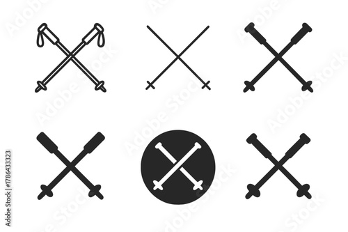 Ski Pole Logos. Pole. Set Logo of Pole: Crossed ski poles. Icon set. harmonious logo variations of the same emblematic concept, each with different artistic