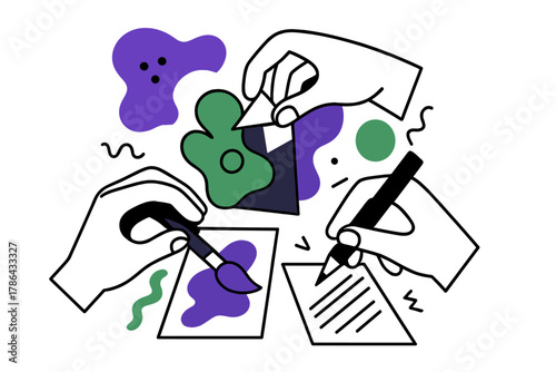 Creative Art Process. Creative process. Hands layering different art materials ? paint, collage, and pencil ?