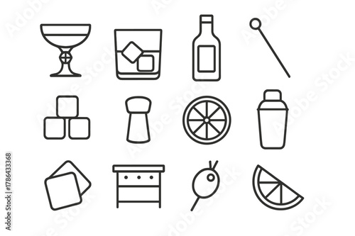 Elegant Cocktail Icons. Elegant cocktail. Line icon set of elegant cocktail: crystal glass, whiskey glass, ice cubes, bottle, cocktail stirrer, cork, lemon