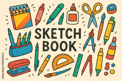 Colorful Art Supplies. Sketchbook. Hand-drawn doodle illustration Sketchbook, colored pencil, accented marker, colored paper, colored scissors, glue stick,