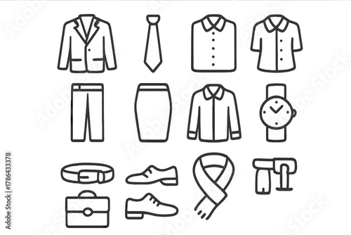 Business Attire Icons. Business attire. Line outline icon set of business attire: suit jacket, tie, dress