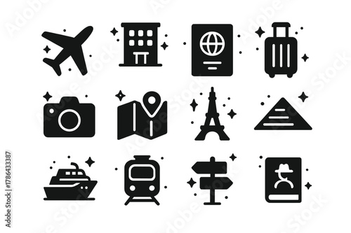 Travel Icons Grid. Travel. Solid icons set of Travel: airplanes, hotels, passports, luggage, cameras, maps, landmarks, tourist attractions, cruise ships,