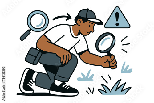 Game Day Inspection. Field inspection. Groundskeeper checking surface for hazards before the game; small icons