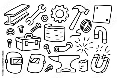 Metal Tool Doodles. Metal. Hand-drawn doodle illustration metal steel beam, wrench, bolt, nut, gear, hammer, sheet, wire, pipe, anvil, magnet, sparks, toolbox,