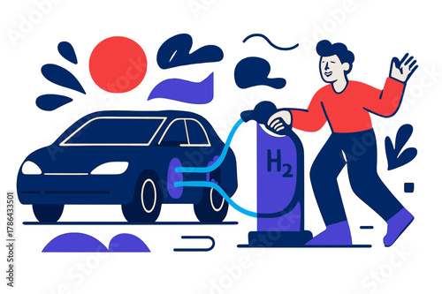 Hydrogen Fuel Progress. Clean Energy Vehicle. A car connects to a hydrogen refueling station; bright blue
