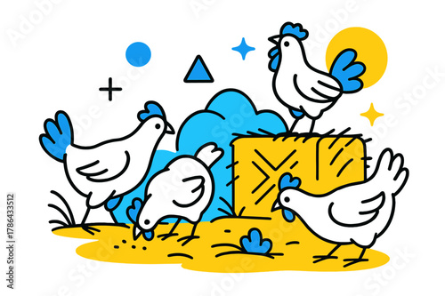 Geometric Chicken Playground. Poultry Farm. Chickens pecking around hay bales with floating abstract geometric shapes and soft glowing accents, lively and