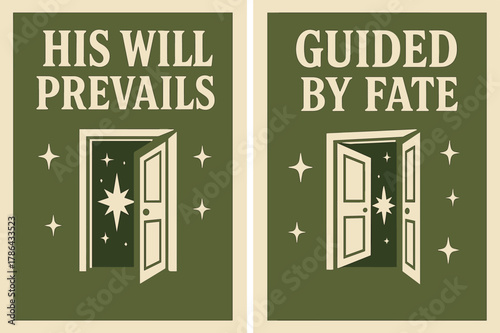 Retro Destiny Banners. Destiny. Two vertical A6 banners with safe margins, centered composition, no elements touching edges, retro, olive green and cream,