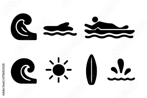 Surfboard Icons Set. Surfboard testing. Filled icon set of surfboard testing: ocean wave, surfboard on water,