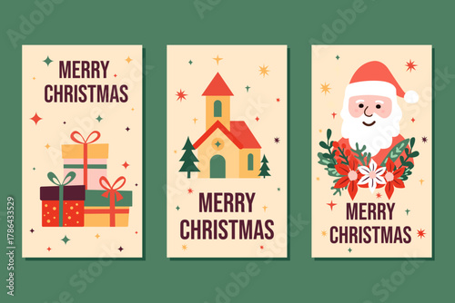 vintage set of christmas cards in cute flat style. scandinavian graphic art of group xmas cards with greetings
