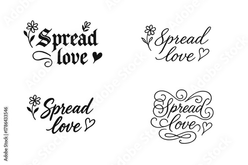 Diverse Calligraphy Love. Spread love. Create a calligraphy lettering illustration of the phrase: Spread love.