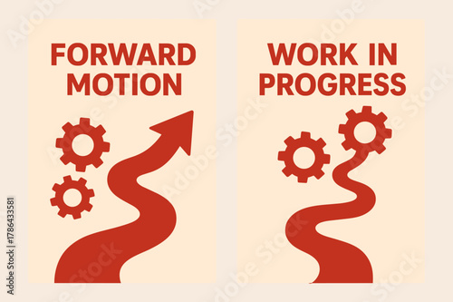 Forward Motion Banners. Forward motion. Two vertical A6 banners with safe margins, centered composition, no elements touching edges, flat vector design, red