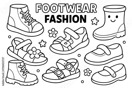 Kids Footwear Coloring. Footwear fashion children?s coloring book illustration, outlined drawing, cheerful