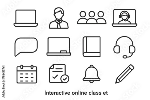 Interactive Class Icons. Interactive online class. Line outline icon set of interactive online class: laptop,