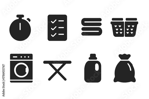 Efficient Laundry Icons. Efficient laundry. Filled icon set of efficient laundry: timer clock, checklist,