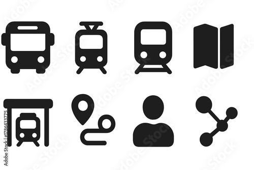 Public Transport Icons. Public transport network. Filled icon set of public transport network: bus, tram,