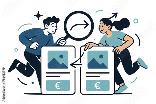 Price Comparison Scene. Shopping Habits ? Price Comparison. Two product cards tilt side by side; tags ??? glide into alignment. A magnifier traces a neat arrow