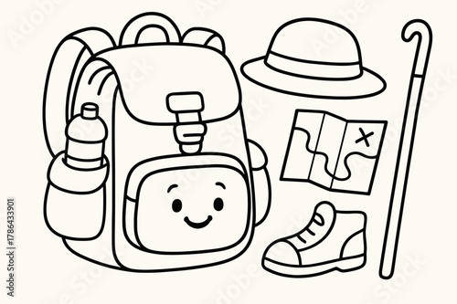 Pilgrimage Backpack Coloring. Pilgrimage backpack basics children?s coloring book illustration, outlined drawing, a cheerful backpack with a water bottle, hat,