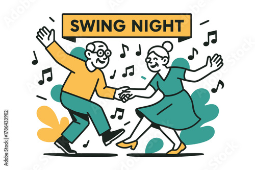 Swing Dance Celebration. Old age ? Community dance night. Quick footwork and big smiles; music notes scatter like confetti around swinging arms. A banner