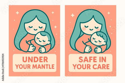 Kawaii Protective Banners. Tender Protector. Two vertical A6 banners with safe margins, centered composition, no elements touching edges, kawaii, coral and