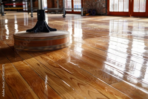 Cleaning wooden floor with polishing machine