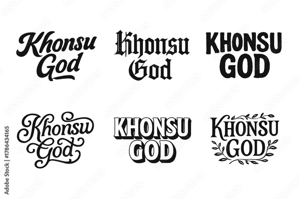 Fototapeta premium Khonsu Lettering Variations. Khonsu God. Set lettering. harmonious lettering variations of the same emblematic concept (Bold hand-lettering with playful