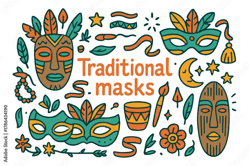 Obraz premium Colorful Traditional Masks. Traditional masks. Hand-drawn doodle illustration of traditional masks. Mask,