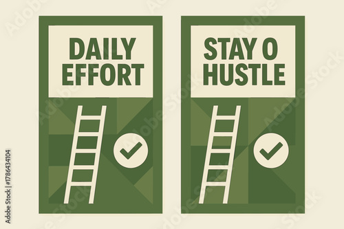 Motivational Banner Duo. Daily effort. Two vertical A6 banners with safe margins, centered composition, no elements touching edges, geometric, olive green and