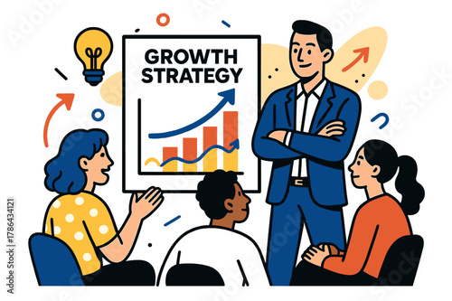 Growth Strategy Presentation. Client presentation. Consultant standing beside screen with graphs and ?Growth