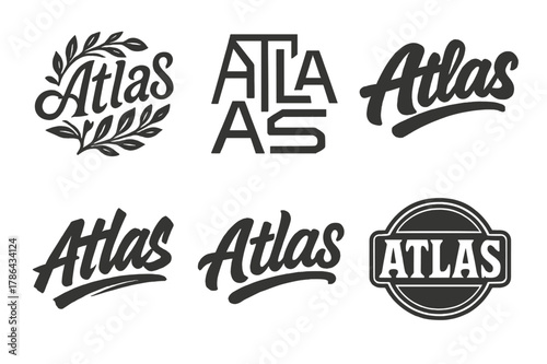 Harmonious Lettering Variations. Atlas Sigil. Set lettering. harmonious lettering variations of the same emblematic concept, each with different artistic