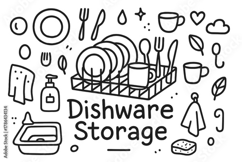 Dishware Doodle Delight. Dishware Storage. Hand-drawn doodle illustration of Dishware Storage. In the middle,