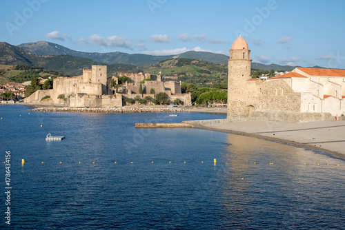 View on sea with beaches and colourful houses of Collioure, Cote Vermeille, Pyrenees-Orientales, Occitania, France. Summer vacation destination