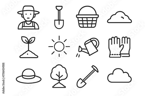 Agriculture Icon Set. Agriculture start. Line outline icon set of agriculture start: farmer, shovel, basket,