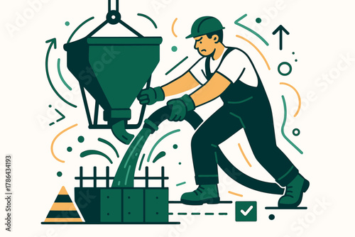 Dynamic Concrete Pouring. High-rise concrete pouring. Worker directing concrete into formwork; glowing motion