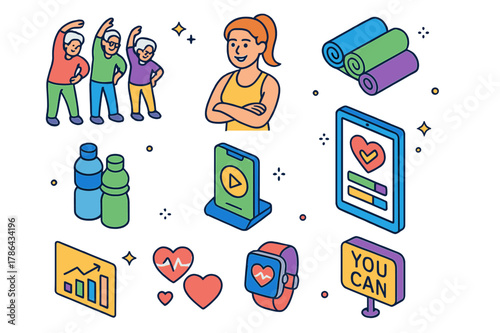 Senior Fitness Icons. Group training for seniors. Colorful isometric vector icons set of Group training for seniors: group of older adults stretching, smiling