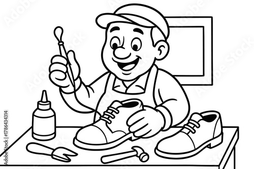 Cobbler Coloring Fun. Shoe maker children?s coloring book illustration, outlined drawing, friendly cobbler