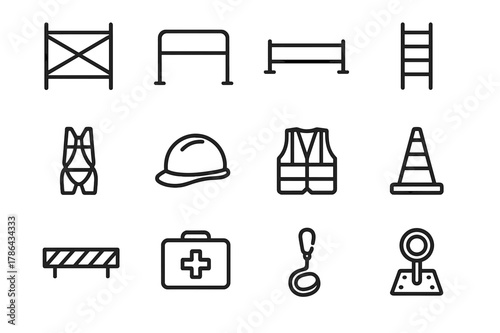 Scaffolding Safety Icons. Scaffolding and Safety. Line icon set of Scaffolding and Safety: scaffold frame, guardrail, toe board, access ladder, safety harness,