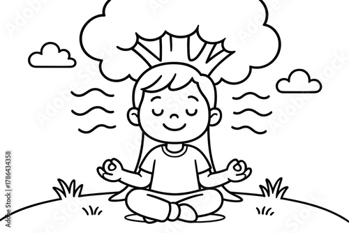 Peaceful Child Coloring. Meditation children?s coloring book illustration, outlined drawing, smiling child