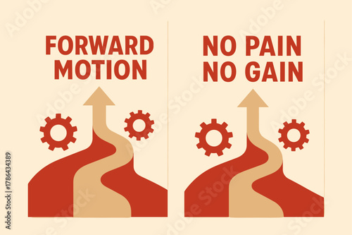Forward Motion Banners. Forward motion. Two vertical A6 banners with safe margins, centered composition, no elements touching edges, flat vector design, red