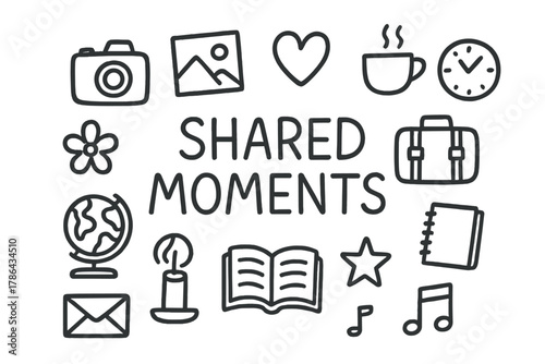 Shared Moments Doodle. Shared Moments. Hand-drawn doodle illustration of Shared Moments. camera, photo, heart,
