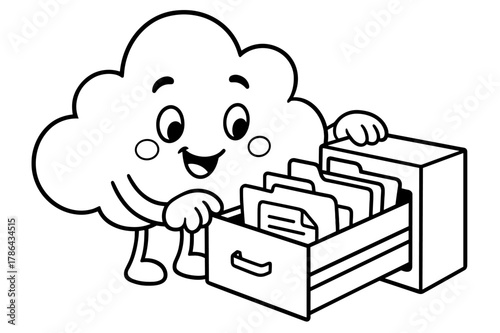 Cheerful Cloud Files. Online storage concept children?s coloring book illustration, outlined drawing, a cheerful cloud opening a small drawer full of simple