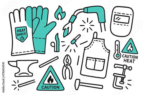 Welding Tools Doodle. // Welding gloves. Hand-drawn doodle illustration welding gloves [long-cuff glove pair (accented), welding torch (accented), flame icon,